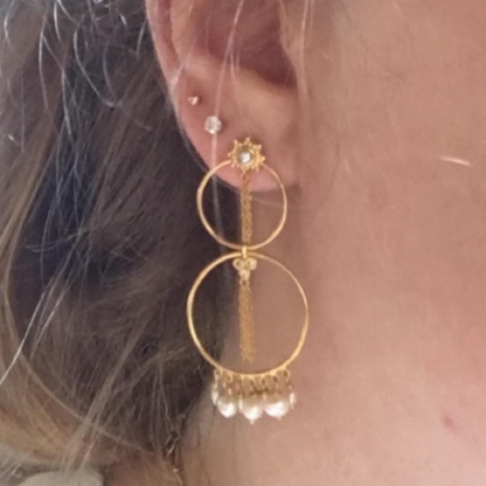 Bali Boho long tiered gold plated pearl earrings